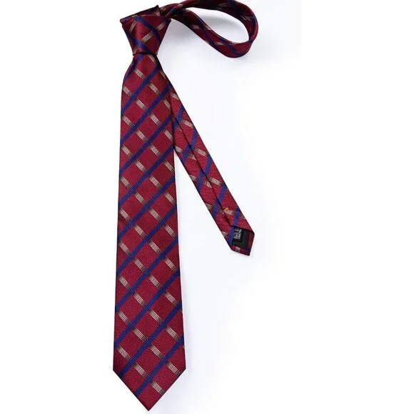 🆕Men Red Plaid Silk Checkered Necktie Pocket Square Cufflinks Tie Clip Set